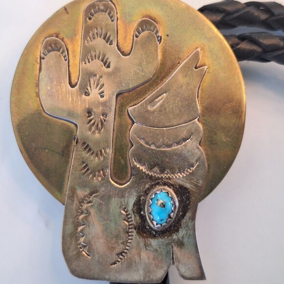 Navajo Sterling Bolo Tie Turquoise Coyote Wolf Cactus Native American Jewelry - Picture 1 of 8